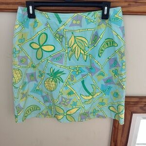 Lilly Pulitzer Vintage Aqua Mini Skirt with Yellow & Green Tropical Motif